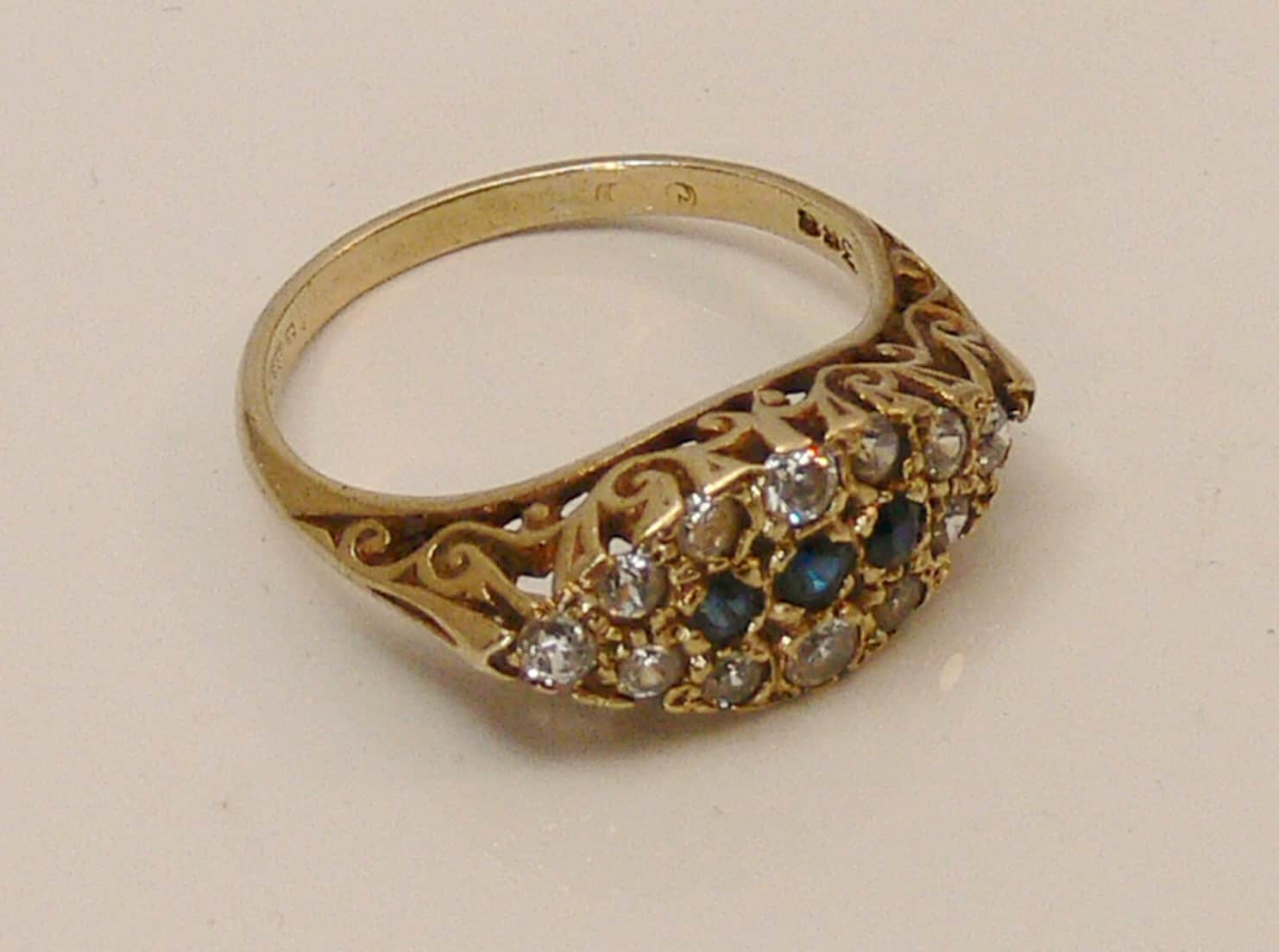 Stunning 1987 Reproduction 9ct Diamond & Sapphire Boat Ring